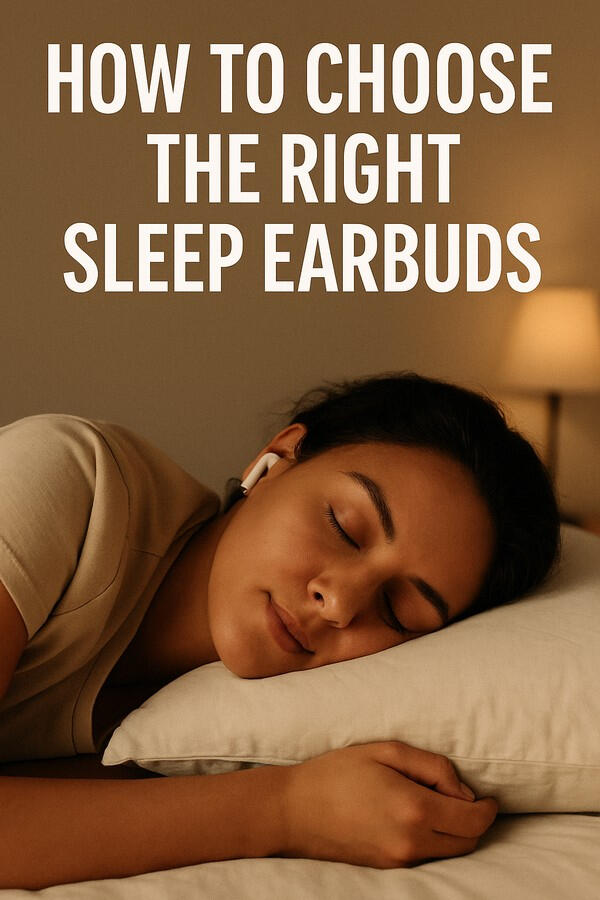 How to Choose the Right Sleep Earbuds (2025 Guide) A woman sleeping peacefully on her side with small earbuds in, under the headline “How to Choose the Right Sleep Earbuds.”